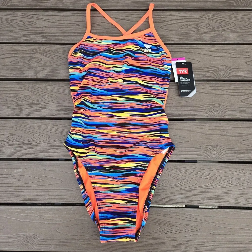 TYR DuraFast One Bonzai Trinityfit 1 pc Swimsuit Orange Multi Size 30 New